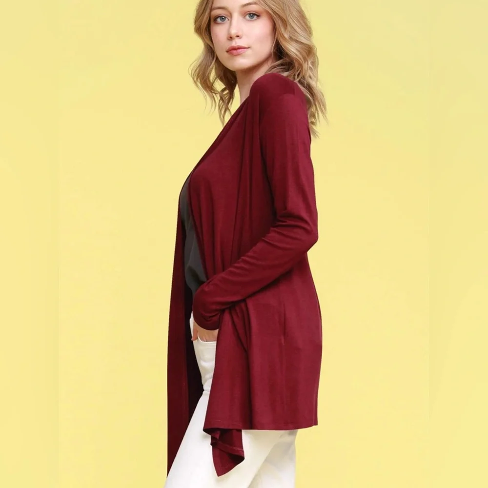 Draped Front Open Cardigan Casual Long Sleeve Lightweight Cardigan -wine